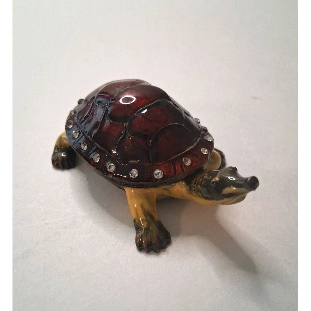 Metal Brass Enameled Turtle Trinket Box with Rhinestones Hinged Shell Lid Nice!